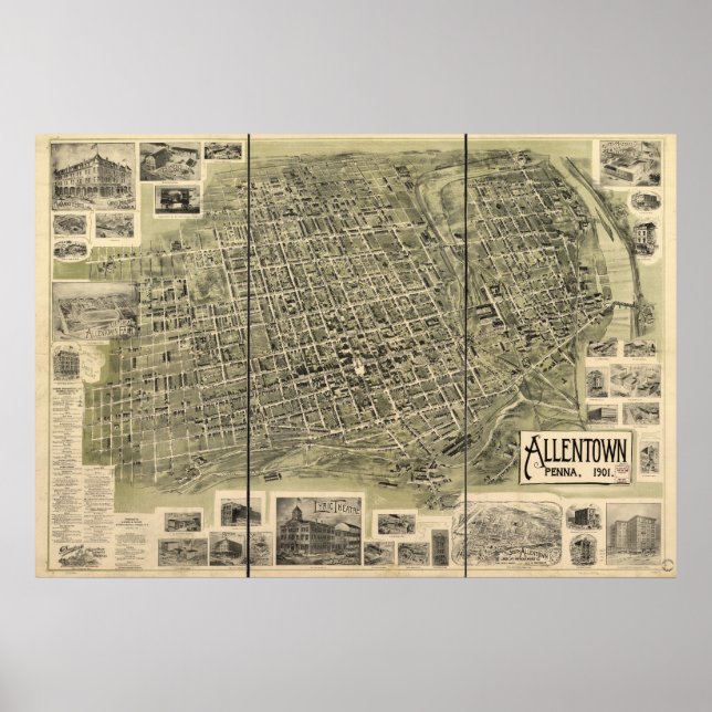 Affiche Allentown Pennsylvania 1901 Antique Panoramic Map (Devant)