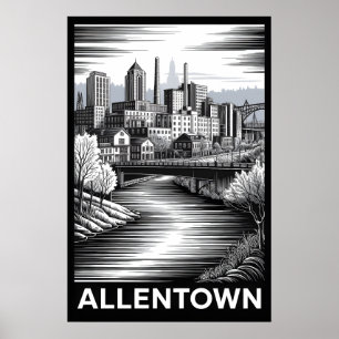 Affiche Allentown Pennsylvanie Skyline Noir Blanc Gravure
