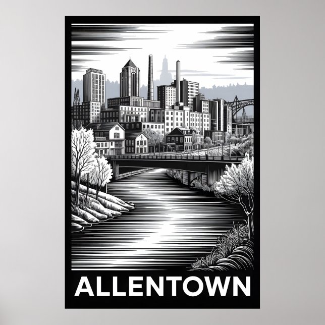 Affiche Allentown Pennsylvanie Skyline Noir Blanc Gravure  (Devant)
