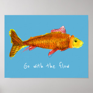 Affiche Allez avec le poisson rouge mignon d'écoulement