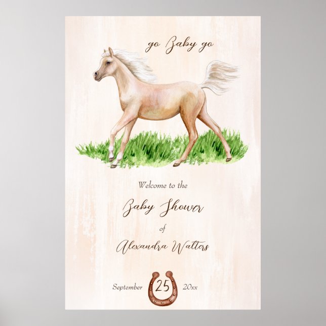 Affiche Allez bébé aller courir cheval beige baby shower f (Devant)