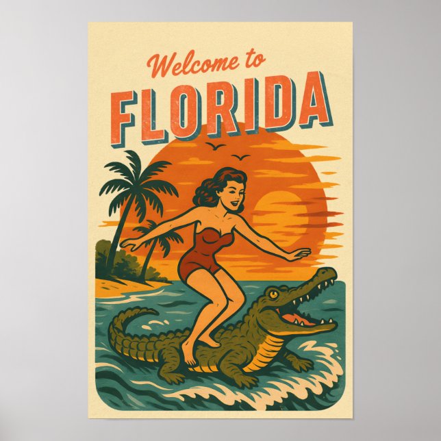 Affiche Alligator Surfing Beach Pin-up | Retro Coastal Art (Devant)