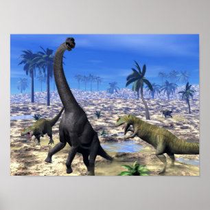 Affiche Allosaurus attaquant brachiosaurus dinosaure