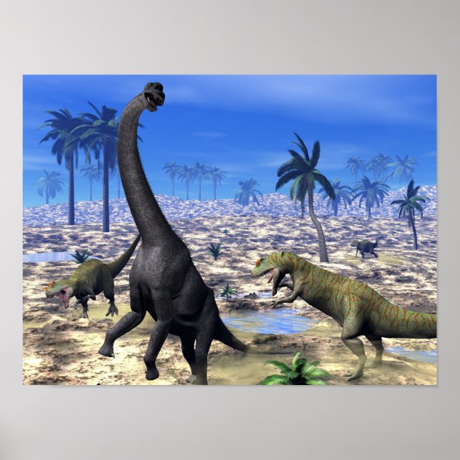 Affiche Allosaurus attaquant brachiosaurus dinosaure (Devant)