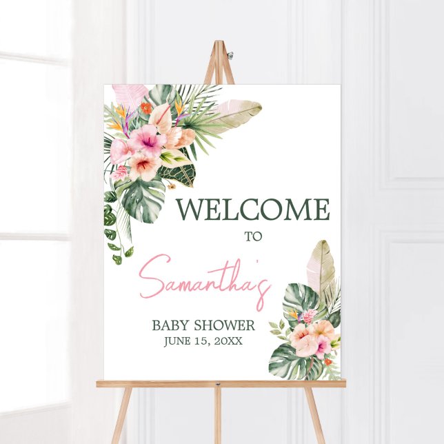Affiche Aloha Baby Baby shower tropical Bienvenue (Luau Hawaiian Girl Baby Shower Welcome Sign)