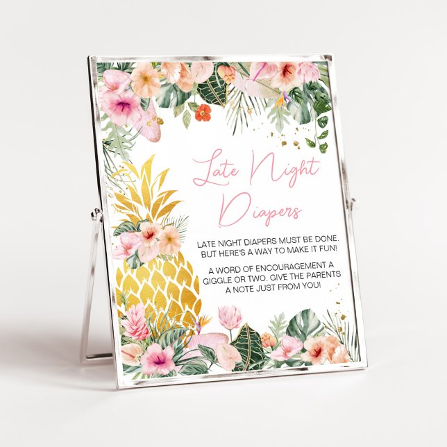 Affiche Aloha Baby shower ananas Late Night Diapers (Floral Aloha Baby Shower Later Night Diapers Sign)