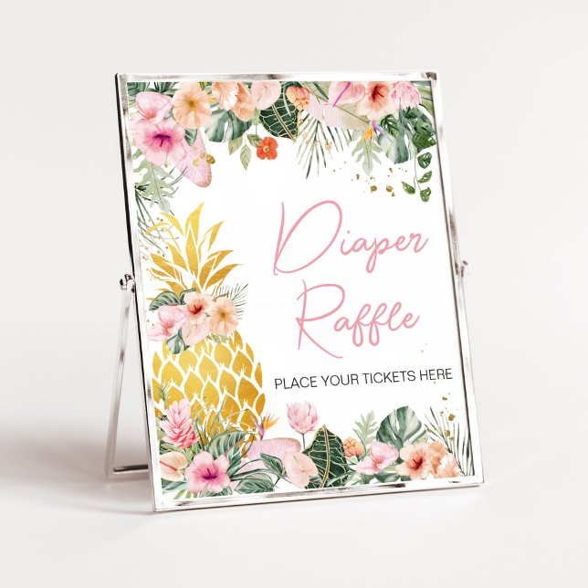 Affiche Aloha Baby shower ananas Raffle de couche (Floral Aloha Baby Shower Diaper Raffle Sign)