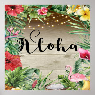 Affiche Aloha Bois Tropical Floral Feuilles et Lumières Ét