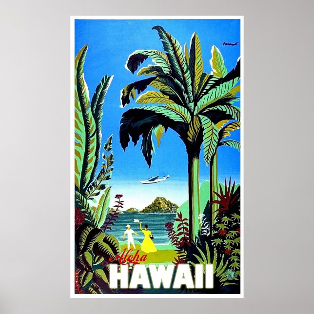 Affiche Aloha Hawaï, île tropicale, voyage aérien vintage (Devant)