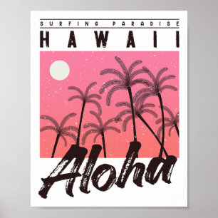 Affiche Aloha Hawaii Palmier Rétro Coucher de soleil Plage