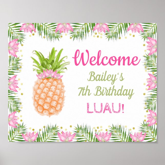 Affiche Aloha Luau Anniversaire Décor rose or Bienvenue (Devant)