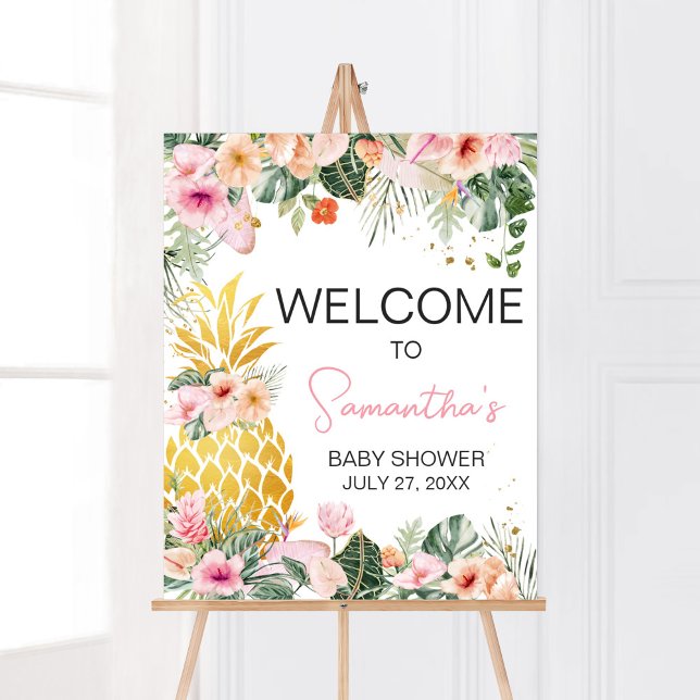 Affiche Aloha Pineapple Baby shower Bienvenue (Floral Aloha Baby Shower Welcome Sign)