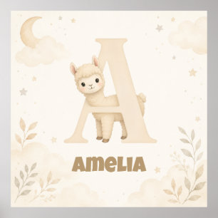Affiche Alpaca Lettre A Personnalisée au Nom de Bébé