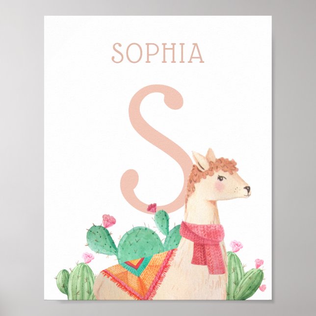 Affiche Alpaca Nursery Wall Art. Llama Kids Name & Initial (Devant)
