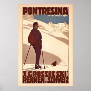 Affiche Alpes de Pontresina Graubünden Suisse Ski Vintage