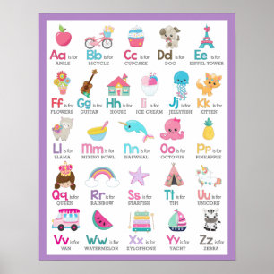 Affiche Alphabet A à Z Enfants Bébé Nurserie sur Violet
