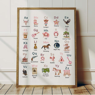 Affiche Alphabet ABC Cowgirl de l'Ouest pour la ch