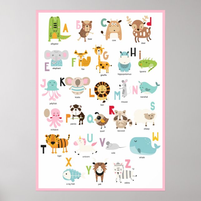 Affiche Alphabet ABC mignon | Alphabet animalier cadre ros (Devant)