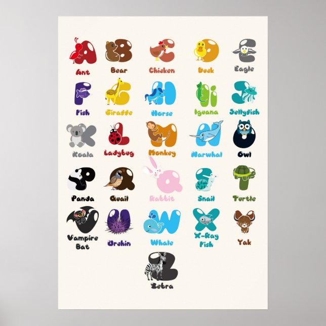 Affiche Alphabet animal pour l'éducation des enfants (Devant)
