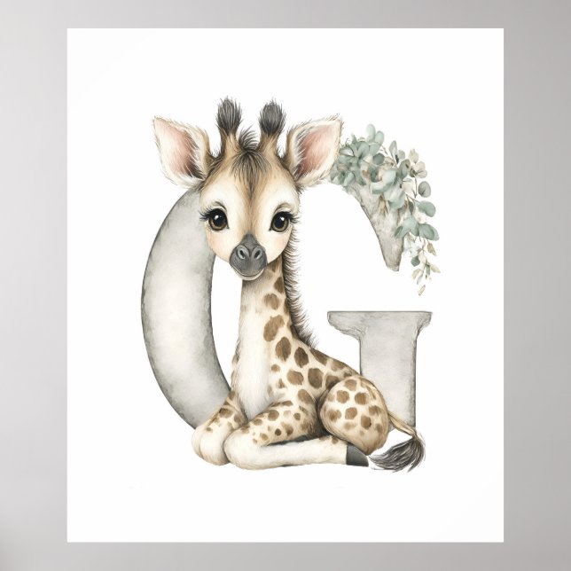 Affiche Alphabet Animaux Bébés Aquarelle Mignons Girafe (Devant)
