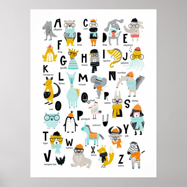 Affiche Alphabet Animaux Mignons | Certains Ont Des Chapea (Devant)