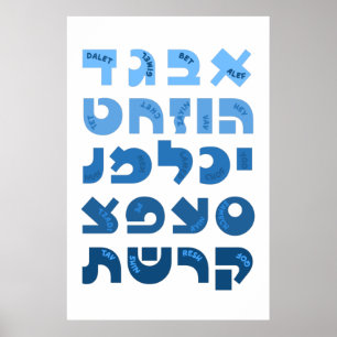 Affiche Alphabet hébreu Aleph-Bet en bleu ombré pour enfan