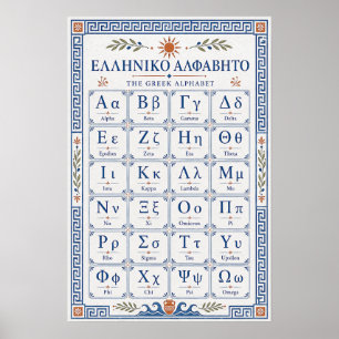 Affiche Alphabet hellénique grec bleu méditerranéen tablea