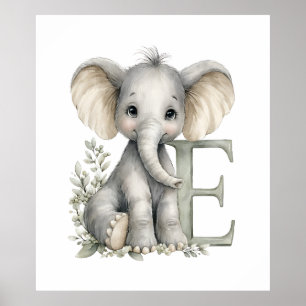 Affiche Alphabet mignon en aquarelle des bébés animaux Élé