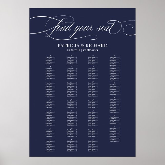 Affiche Alphabetical Navy Blue Wedding Seating Chart (Devant)