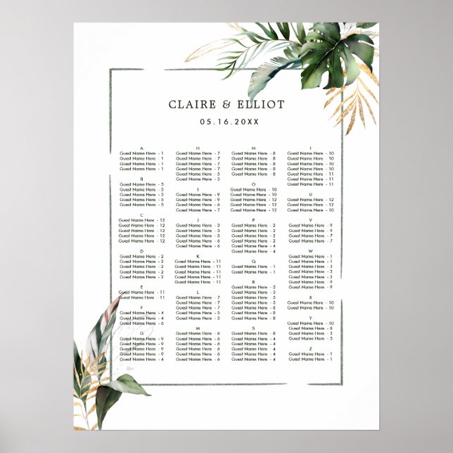 Affiche ALPHABETICAL ORDER Tropical Wedding Seating Chart (Devant)
