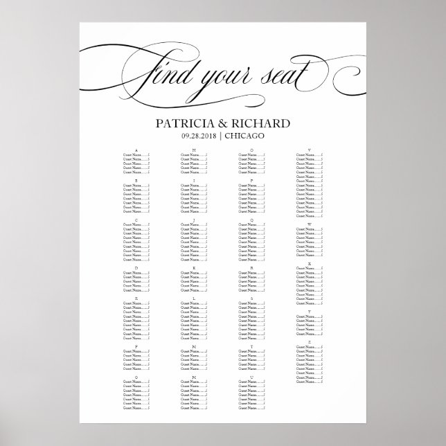 Affiche Alphabetical Seating Chart Elegant Black Script (Devant)