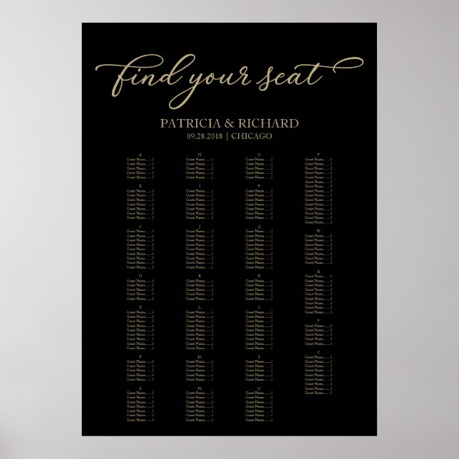 Affiche Alphabetical Seating Chart Elegant Gold Black (Devant)