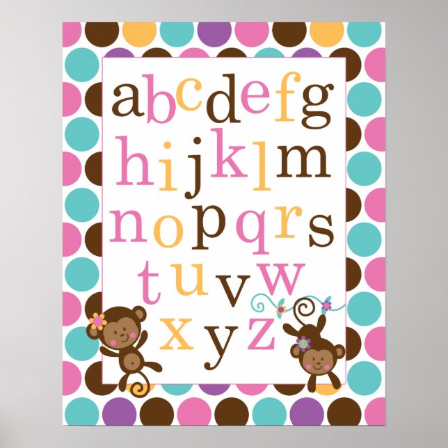 Affiche Alphabetique pour Nursery Singe Rose (Devant)
