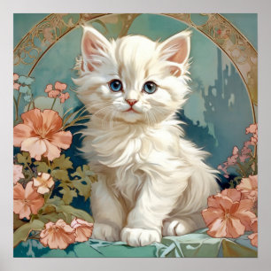 Affiche Alphonse Mucha Style Chat blanc