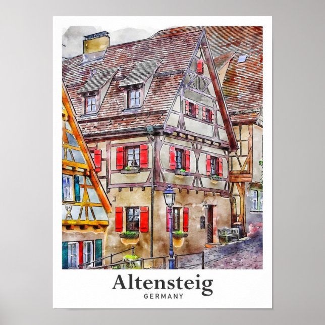 Affiche Altensteig Allemagne Voyage Aquarelle main tirée (Devant)