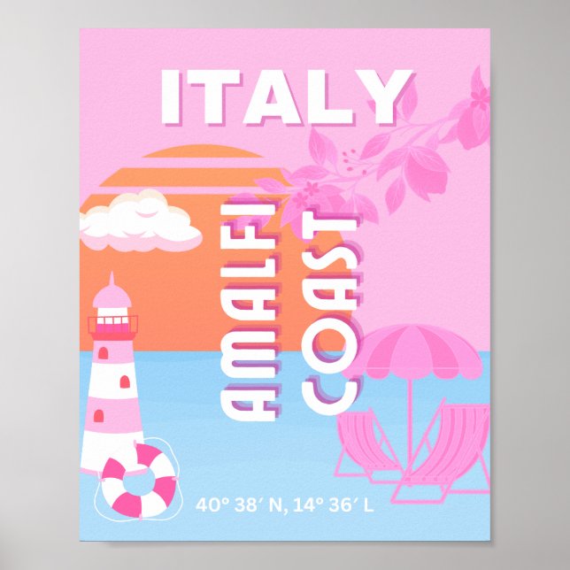 Affiche Amalfi Coast Travel Art, Preppy Travel, Rose (Devant)