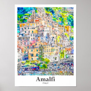 Affiche Amalfi Italie Voyage Aquarelle main tirée