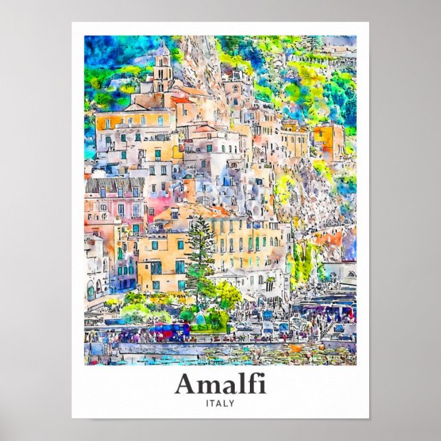 Affiche Amalfi Italie Voyage Aquarelle main tirée (Devant)