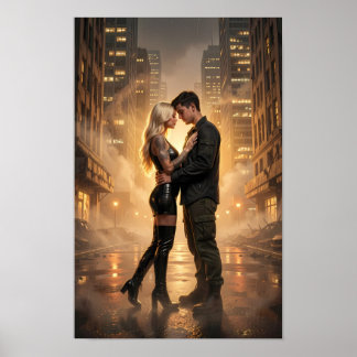 Affiche Amants sous la pluie dans une rue dorée