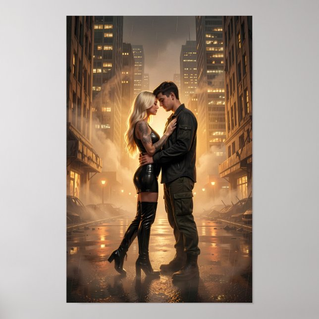 Affiche Amants sous la pluie dans une rue dorée (Devant)