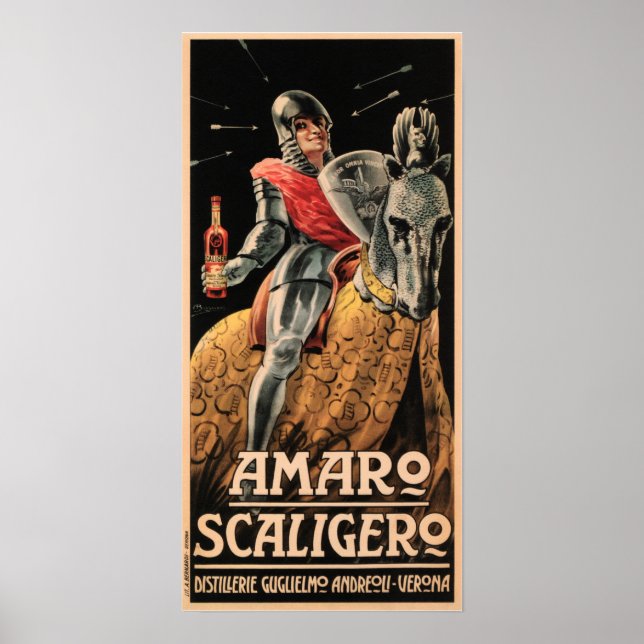 Affiche AMARO SCALIGERO Chevalier Vintage Italien Liquide  (Devant)
