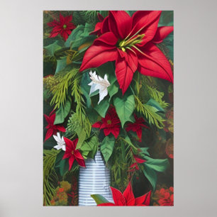 Affiche Amaryllis rouge et Poinsettia avec bouquet de pin