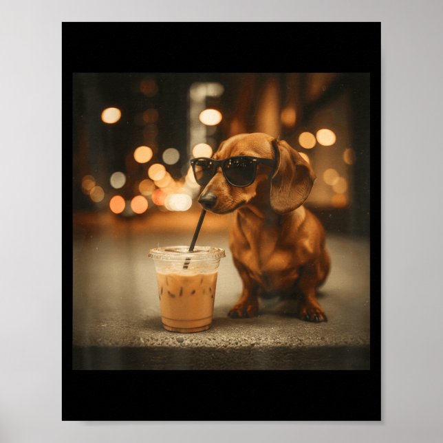 Affiche Amateur de teckel drôle buvant un café glacé humou (Devant)