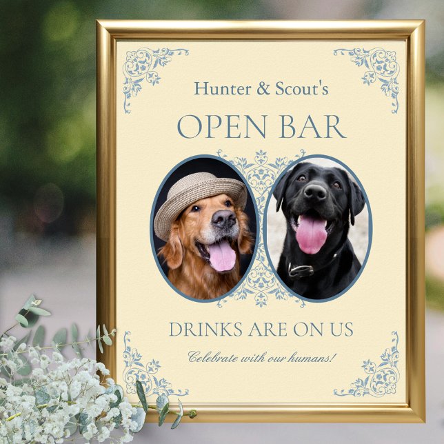 Affiche Amateurs d'animaux de compagnie Jaune Chic Mariage (elegant butter yellow wedding open bar sign for pet lovers with 2 photos and vintage border design)