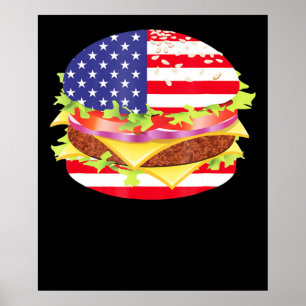 Affiche Amateurs de barbecue   Hamburger USA Drapeau 4 jui