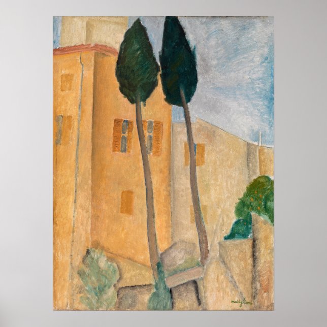 Affiche Amedeo Modigliani - Cyprès et maisons à Cagnes (Devant)