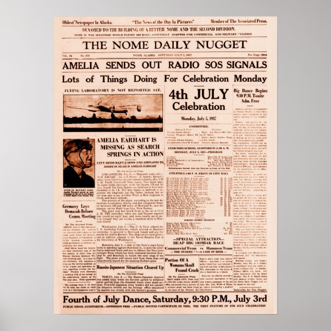 Affiche Amelia Earhart disparue page complète journal 1937 (Devant)