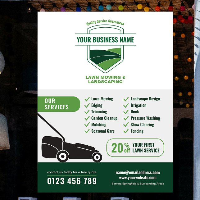Affiche Aménagement paysager moderne Marketing de tonte de (Modern Landscaping Lawn Mowing Marketing Poster in white and green)