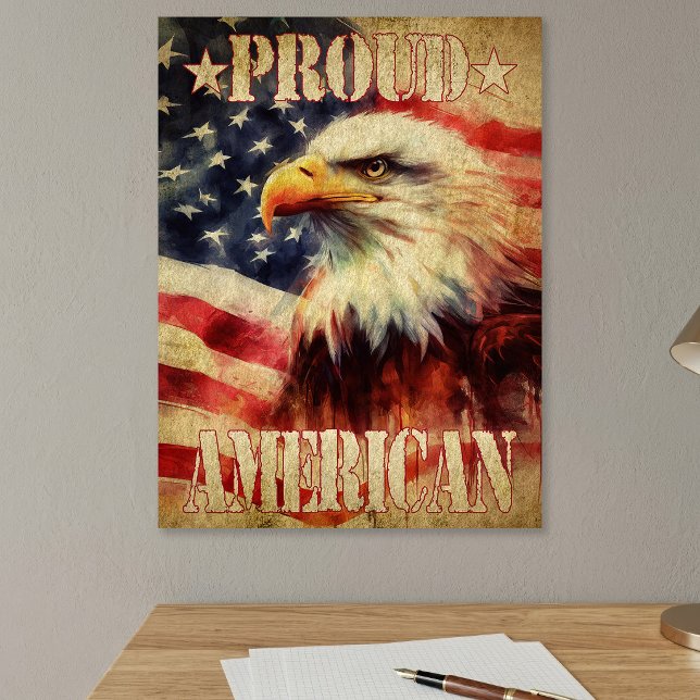 Affiche Américain fier. Aigle chauve et drapeau des États- (Proud American. Bald Eagle and United States Flag. Poster)