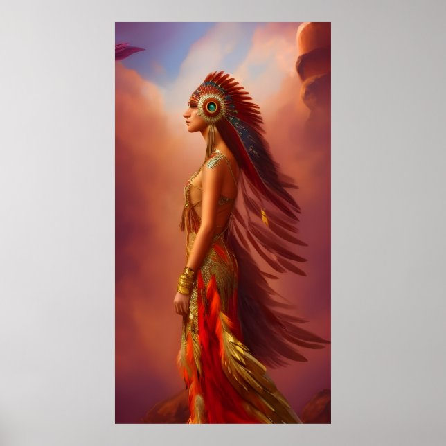 Affiche Américaine Indienne robe rouge or plumes 2 (Devant)